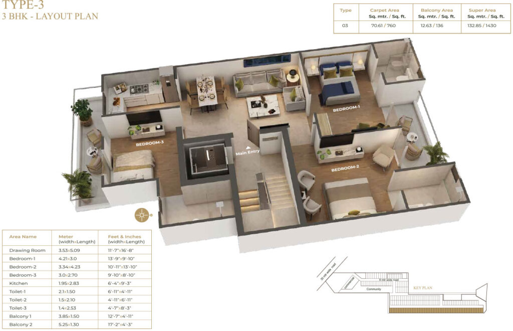 Suncity Vatsal Valley 3 BHK Floor Plan