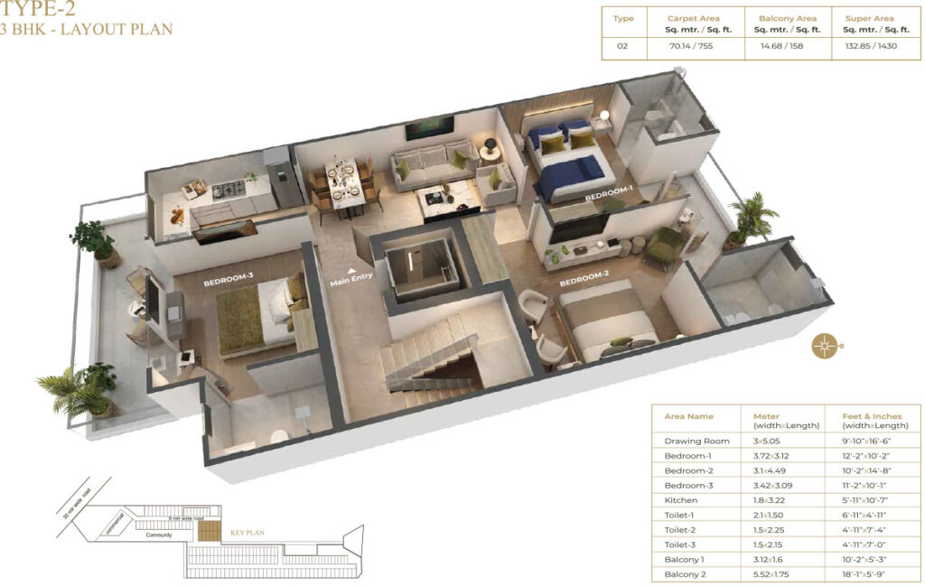 Suncity Vatsal Valley 3 BHK Floor Plan